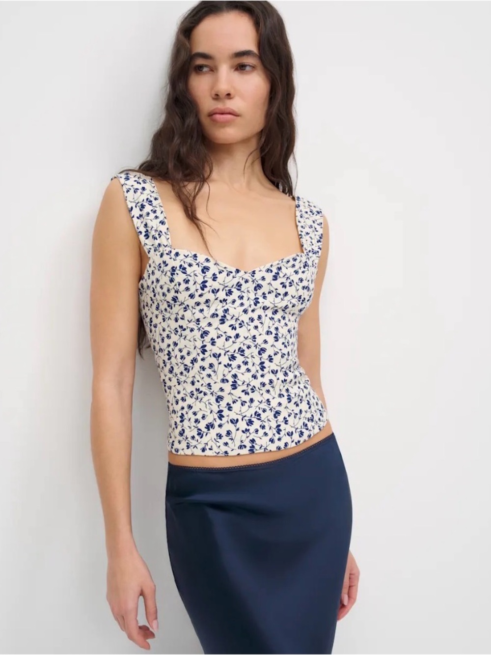 Reformation Cream Floral Bustier Camisole with Blue Print